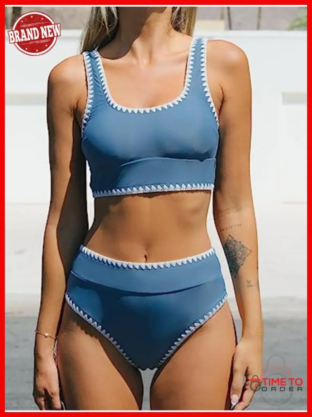 Two Piece Bikini Set Scoop Neck Midkini Wide Straps Stitching Removable Cups